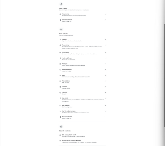 A long list of data shared and collected by Threads. The screenshot is zoomed out to fit it all on, such that it isn't fully legible